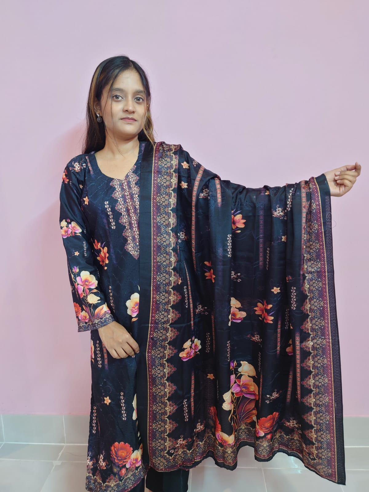 Floral Printed 3 Piece Salwar Kameez Set – Elegant Navy Blue Outfit with Dupatta